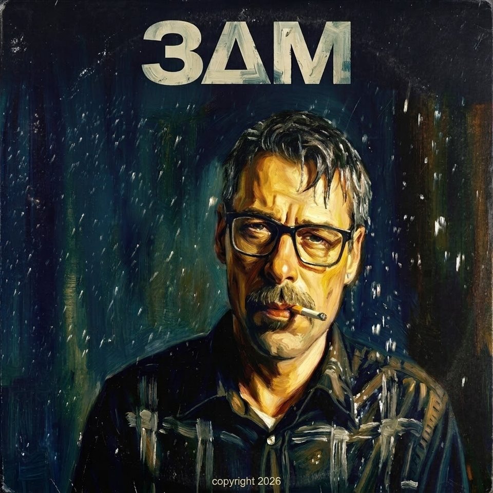 Painted portrait of a man with glasses and a moustache, a cigarette in his mouth, rain streaking across a dark blue background, with the 3AM logo above.